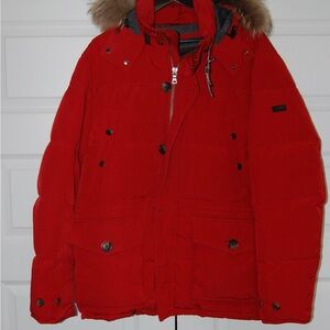 Hackett Red Puffer Jacket with Fur Trim